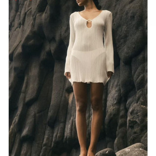 H&M HM女装连衣裙夏季V领罗纹针织沙滩度假风长袖裙1272279