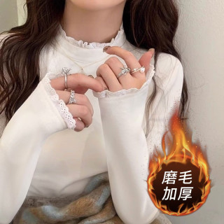 CronetKcnsy 花边拼接半高领打底衫女秋冬双面磨毛针织衫