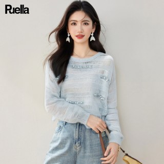 88VIP：拉夏贝尔 Puella2026年秋季镂空钉珠蓝色针织衫女圆领内搭宽松上衣