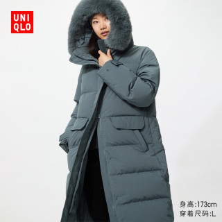 优衣库 高级保暖羽绒长大衣女装外套夹克487412 07 青灰色 L