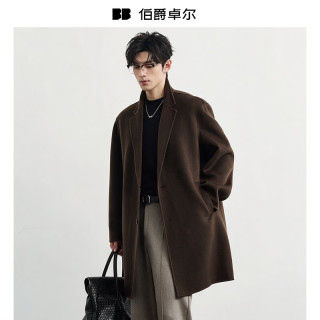 伯爵卓尔 通勤羊毛双面呢大衣男中长款2026初冬新款轻商务上装呢子外套 巧克力软糖（70毛款）  L (175)