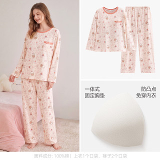芬腾 纯棉睡衣 女款秋季长袖可爱休闲抗菌大码家居服套装（上衣+裤子）