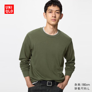 优衣库 柔软圆领T恤/长袖男装女装休闲上衣479783 486106 486106/56橄榄色 L