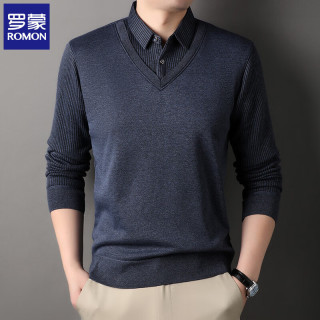 罗蒙 假两件加绒针织衫 藏青色 4XL 男士毛衣