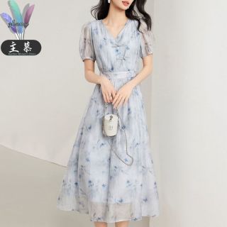 主慕 2024年夏季新款时尚新中式显瘦百搭气质V领碎花盘扣连衣裙女
