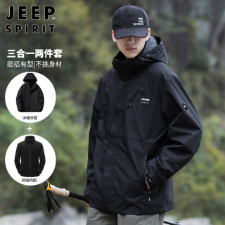 JEEP SPIRIT 吉普夹克男秋冬季韩版工装三合一摇粒绒冲锋外套男装 黑色 XL 黑色