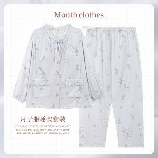 ROVO 纯棉月子服梭织100%棉带胸垫产后孕妇睡衣家居服套装 云屿飞马