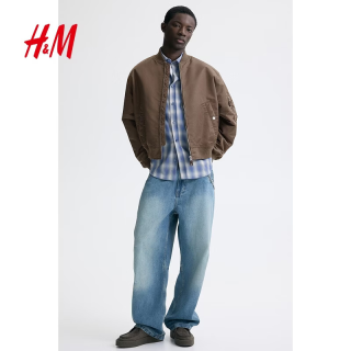 H&M HM男装棉衣棉服夹棉尼龙飞行员户外保暖夹克夹薄棉上衣1311039 浅棕色 M 175/100