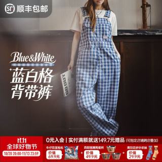 马登 原创设计格子背带裤女宽松显瘦休闲高腰学生阔腿短裤子 蓝白格