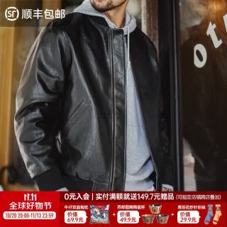 马登 工装美式复古MA1飞行员皮衣夹克男秋黑色痞帅短款荔枝纹男士外套 静谧黑 XL