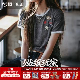 马登 女装美式复古短袖T恤上衣女秋撞色正肩印花修身