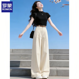 罗蒙 韩系穿搭一整套女装夏装2026新款黑色短袖t恤宽松阔腿裤两件套 黑衣杏裤两件套