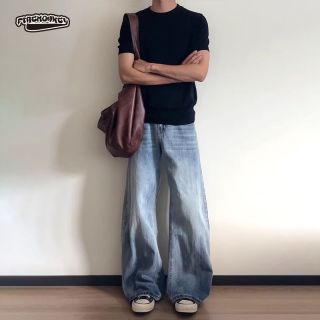 火猴 男款美式复古阔腿竹节纹蓝色弯刀牛仔裤