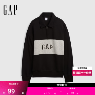 Gap 000911585 Logo刺绣撞色宽松Polo领卫衣 黑色 XS
