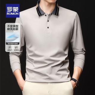 罗蒙 撞色翻领长袖T恤 卡其色 L码 男士Polo衫
