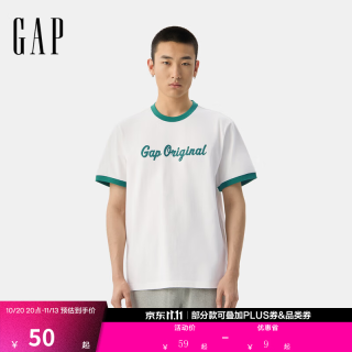 Gap 男女装2025夏季纯棉撞色印花logo短袖T恤多色上衣729119 绿色 M (170/92A) 亚洲尺码
