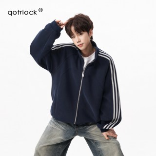 移动端：QOTRIOCK 美式重磅经典三条杠卫衣开衫男女2026秋季宽松情侣款运动休闲外套