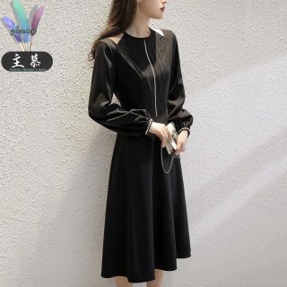 主慕 拉链长袖圆领连衣裙女装2022春季新款时尚气质收腰显瘦A字裙