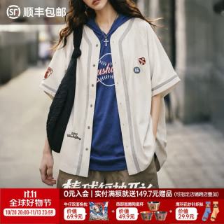 马登 美式复古棒球服短袖开衫五分袖宽松街舞衬衫小众球上衣女士秋 米杏  M (120-150斤)