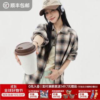 马登 复古宽松翻领纯棉磨毛格子纹长袖衬衫薄款夹克外套上衣女士秋季 黄灰格  M （120-150斤）