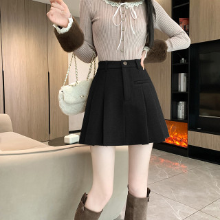 秋冬新款高腰加厚毛呢百褶半身裙女防走光裙子女装时尚A字短裙潮