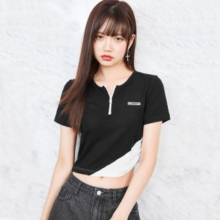 米莱达 粉色拼接v领t恤女2022夏季新款侧边抽绳设计感小众修身短袖