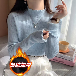 大码女装胖妹妹秋冬新款简约风纯色半高领一体绒打底衫上衣5722