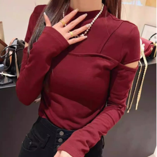 正肩镂空长袖t恤女设计感2024新款紧身短款上衣内搭打底衫女洋气