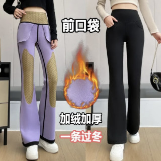 前口袋秋冬新款加厚加绒黑金护膝微喇叭裤女高腰显瘦弹力大码女裤