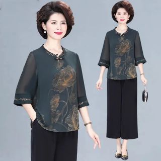 中年妈妈装夏款套装洋气上衣2023新款中老年女装奶奶夏季老人衣服