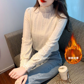 半高领长袖秋冬磨毛加绒保暖女装洋气小衫蕾丝打底衫女2025新款