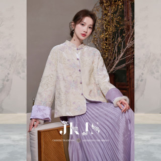 JK&JS 满版刺绣丝绒外套女春秋新款新中式盘扣上衣 暖绒黄 S