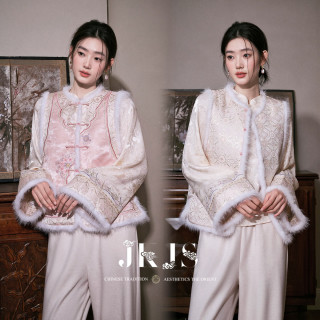 JK&JS 两面穿水貂毛马甲女外穿冬外套新中式绣花马夹素雪粉 S