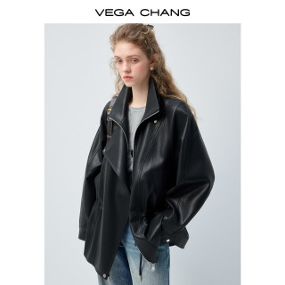 VEGA CHANG 哑光黑皮衣女2026新款春收腰酷飒皮衣外套