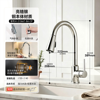 科勒 21366T 抽拉式防溅 黄铜本体 细把手 厨房冷热水龙头