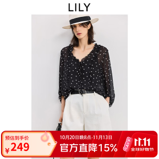LILY 2026秋新款法式复古波点宽松休闲通勤黑色长袖雪纺衫套头衫女 510黑 M