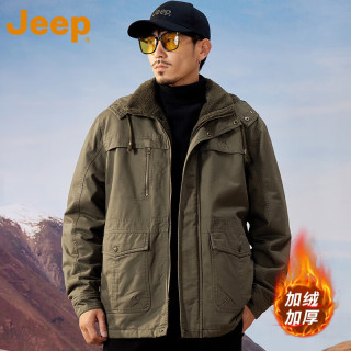 Jeep 美国正品高端羊羔绒夹克棉衣男冬季保暖连帽工装户外登山外套春秋 军绿色-帽子可拆卸 加绒加棉 XL 建议 140-160斤