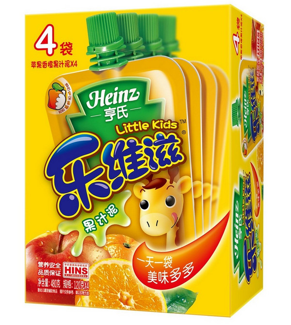 Heinz 亨氏 乐维滋果汁泥 苹果香橙味 120g*4*12包（12个月以上宝宝）