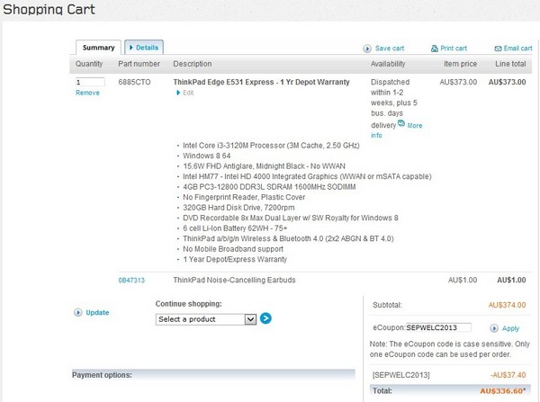 联想澳洲官网：ThinkPad Edge E531 15.6寸笔记本电脑（i3-3120M、1080P、7200转）