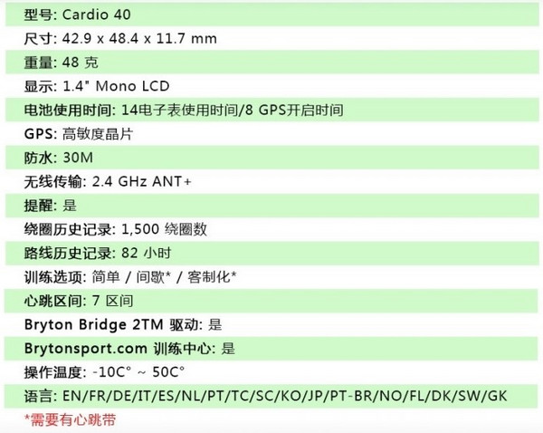 限华北：Bryton 百锐腾 Cardio 40H GPS 心率表（含心率带）