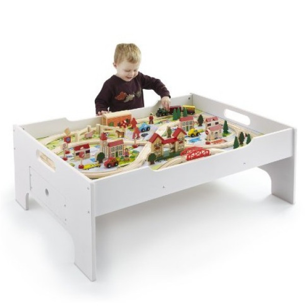 适合在美用户:TIMBER TOTS Deluxe Train Set and Table 豪华桌上铁路模型玩具80件套