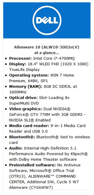 也降价了:Alienware 外星人 ALW18-6490sLV 18.4寸笔记本电脑(i7、8G、GT770 SLI)