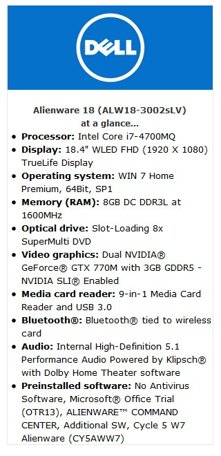 高端跳水，降$560+：Alienware 外星人 ALW18-3002sLV 18.4寸笔记本电脑（i7、8G、GT770 SLI）