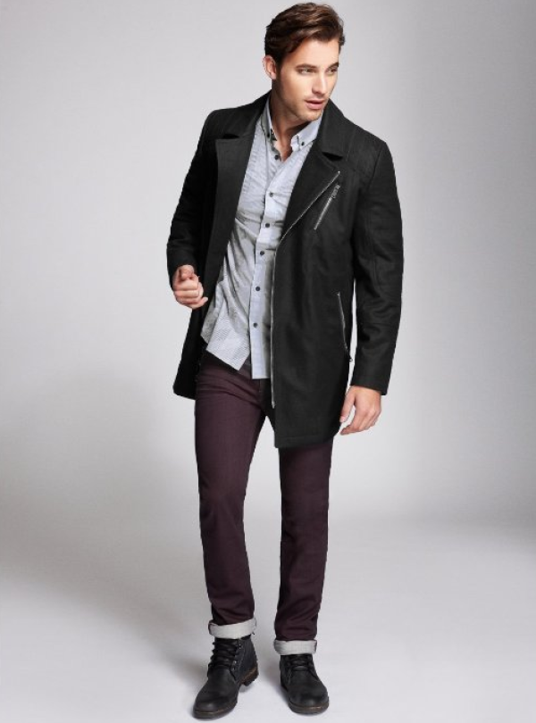 再特价:GUESS Wool Coat with Topstitch Panel 男羊毛大衣