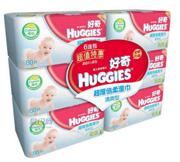 限华北：HUGGIES 好奇 超厚倍柔湿巾清爽型 （80抽*6）*2份+纸巾