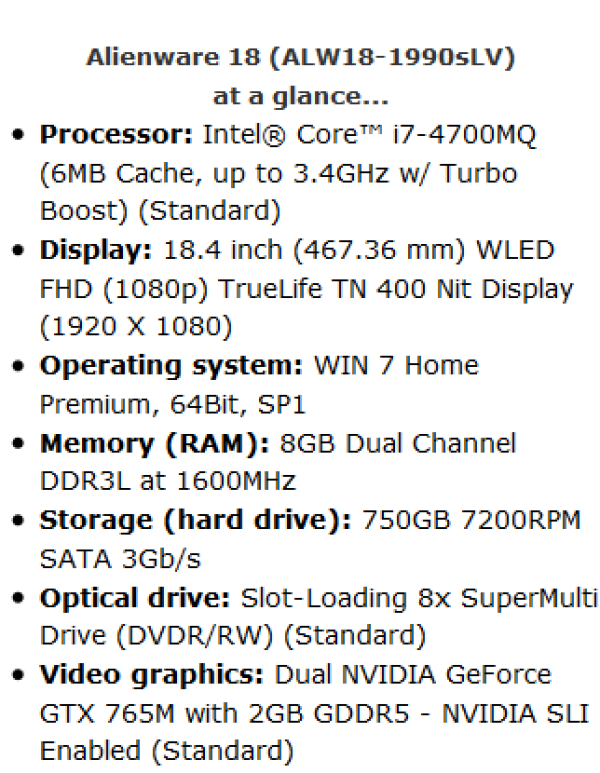 再降$100+:Alienware 外星人 ALW18-1990sLV 18.4寸笔记本电脑(i7、8G、GT765M SLI)
