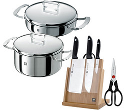 ZWILLING 双立人 TWIN Gourmet Clad 40930-003-982-B（24cm煎炒锅、20cm汤锅+刀具5件套）