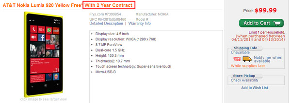 海淘提示：近日各大网站爆料的Lumia 920裸机$99