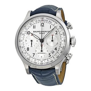 BAUME & MERCIER 名士 CAPELAND卡普蓝系列 MOA10063 男士机械手表 44mm 银盘 蓝色皮革表带 圆形