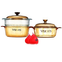 康宁 VISIONS 晶彩 VS-374VSM20 透明锅蒸格硅胶手套三件套(1.25+2.25L)